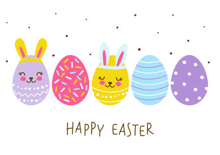 Border with cute decorated eggs isolated on white - cartoon greeting card for happy Easter designのイラスト素材