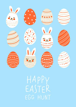 Greeting card with cute decorated eggs - cartoon decor for happy Easter designのイラスト素材