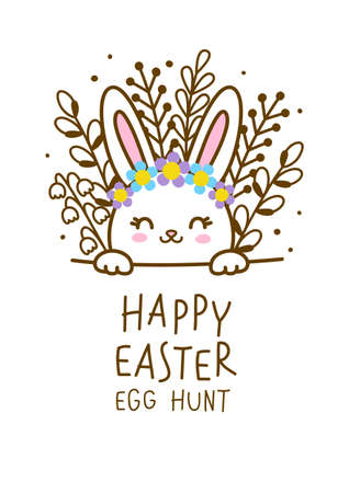 Greeting card with cute rabbit for happy Easter egg hunt poster designのイラスト素材