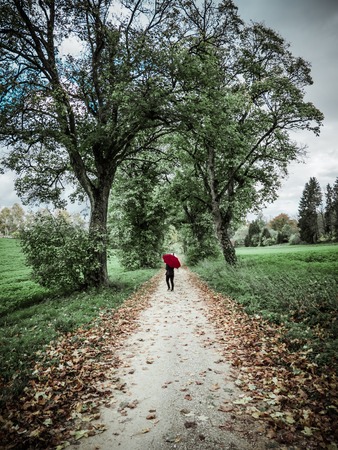 Abstract setting of a Woman with red umbrella posing in the autumn landscapeの写真素材