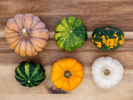 Mix of pumpkins on a wooden boardの写真素材