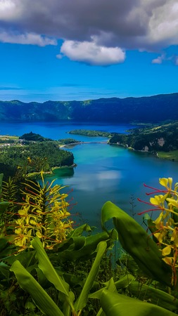 Image of Sete Cidades at Lake Azul on the island Sao Miguel Azoresの写真素材