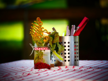 Close up Image of a table setting in a german bavarian beergardenの写真素材
