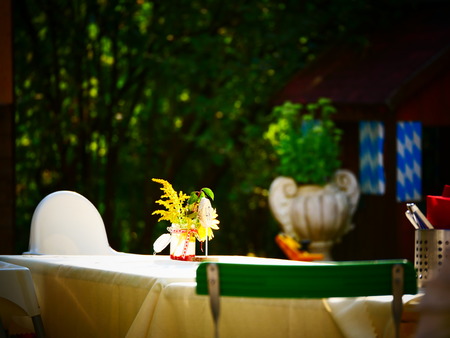 Close up Image of a table setting in a german bavarian beergardenの写真素材