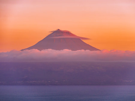 Image of the volcano mountain of pico in beautiful sunset colors