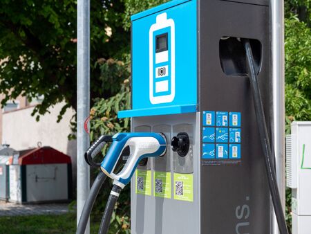 Augsburg, Germany - May 18, 2019: Electronic charging station in the cityのeditorial素材