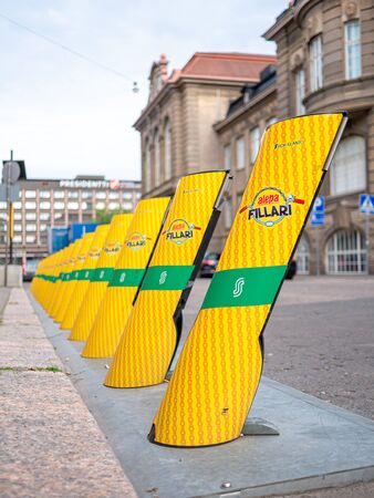 Helsinki, Finland- June 11, 2019: Yelow city bicycles to rentのeditorial素材