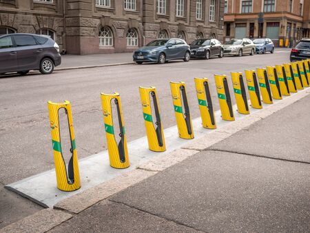 Helsinki, Finland- June 11, 2019: Yelow city bicycles to rentのeditorial素材