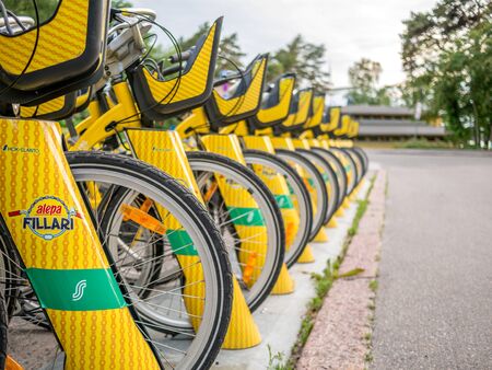 Helsinki, Finland- June 11, 2019: Yelow city bicycles to rentのeditorial素材