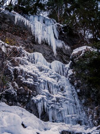 The Breitachklamm ravine in winter time with long icicles in Tiefenbach near Oberstdorf, Bavaria, Germanyの写真素材