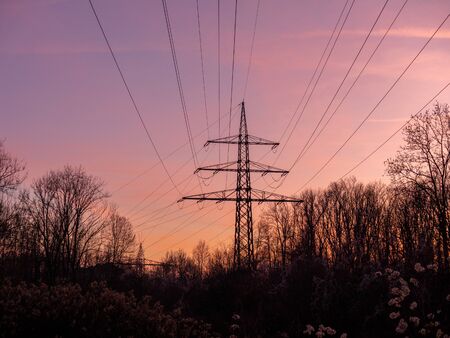Silhouette of poles and power lines in the sunsetの写真素材