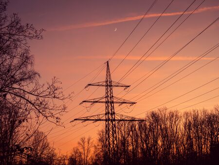 Silhouette of poles and power lines in the sunsetの写真素材