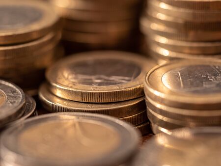 Close-up image of one and two Euro coins.の写真素材