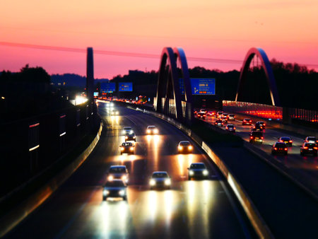 Tilt shift image of the German Autobahn A8 near Augsburg during sunset.