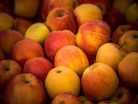background of red apples for sale in the greengrocers shopの写真素材