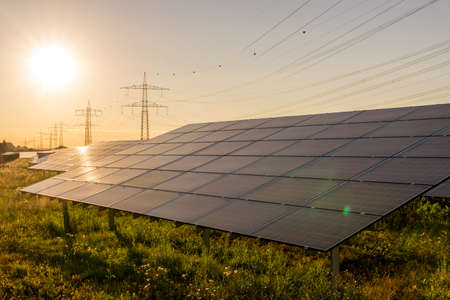photovoltaic solar power panel on sky background, green clean Alternative power energy concept.の写真素材