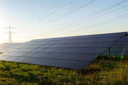 photovoltaic solar power panel on sky background, green clean Alternative power energy concept.の写真素材