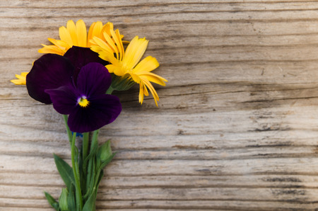 Flowers calendula and violets with stalk on top of the new wooden board, texture, backgroundの写真素材