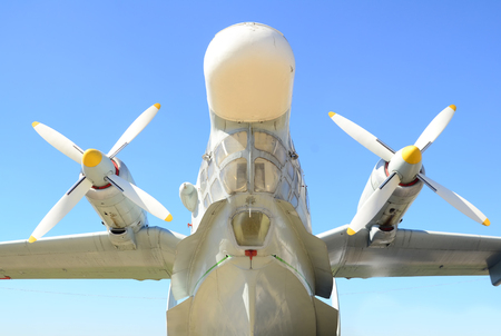Nose of a white large plane, photo of wings with screwsの写真素材