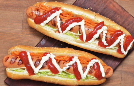 Two delicious hot dog with barbecue sausageの写真素材