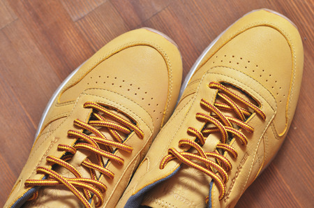 Kiev, Ukraine - May 30, 2018: Reebok two light brown sneakers standing next to each other, photo from aboveのeditorial素材