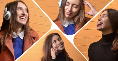 ?ollage portrait of young girls talking on the phone and listening to music on yellow backgraundの写真素材
