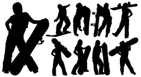 Silhouettes of woman with a snowboardのイラスト素材