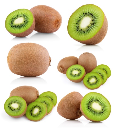 Set of kiwi fruits with slices isolated on whiteの写真素材