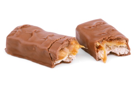 Closeup of chocolate bar isolated on whiteの写真素材