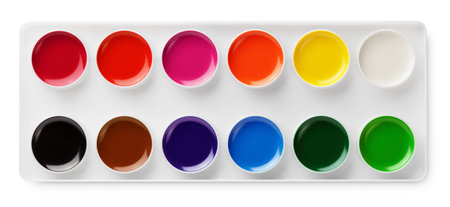 Top view of watercolor paints in box isolated on white background with clipping path