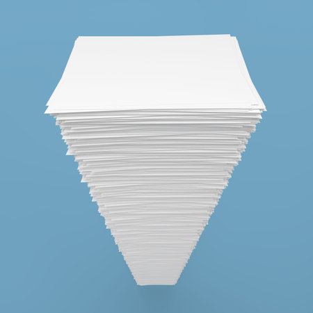 Top view of pile white paper sheets on blue background