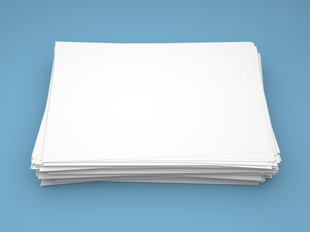 Pile of white paper sheets on blue backgroundの写真素材