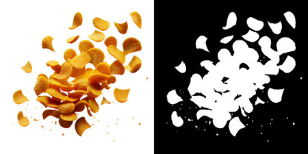 Flying potato chips isolated on white background. Falling potato chips with clipping mask (alpha...