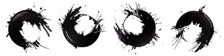 Set of hand drawn round shapes of dark oil paint. Grunge black ink textured brush circles isolated on white backgroundの写真素材