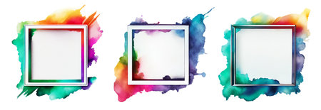 Set of square frames with colorful watercolor stains. Abstract multicolored paint texture isolated on white backgroundの写真素材