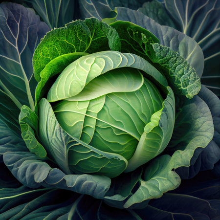 Closeup of cabbage white. Head of white cabbage growing in vegetable garden. Generative AIの素材