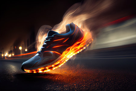 Burning sport shoe with fire flames under sole on night street. Generative AIの素材