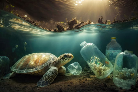 Turtle in plastic bag. Massive plastic pollution underwater concept. Ecological problem. Generative AIの素材