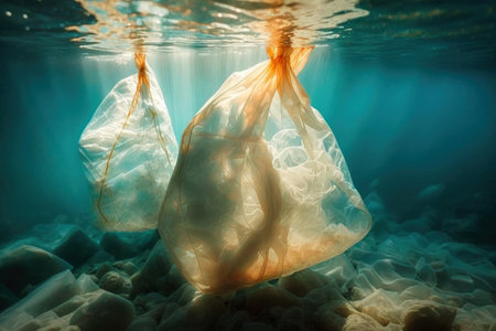 Massive plastic pollution of the ocean bottom. Bottles, bags and other plastic garbage debris on seabed. Generative AIの素材