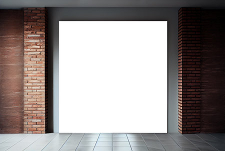 Empty gallery room with clear picture frame sample. Red brick wall and spot lights. Generative AIの素材