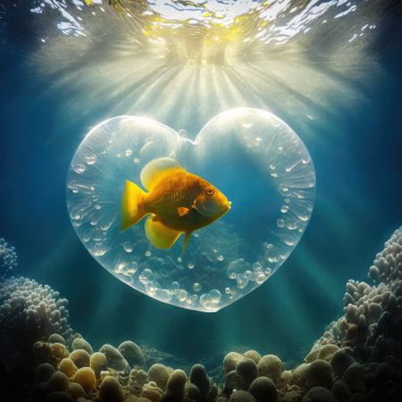 Heart shaped air bubble with a fish underwater. Romantic concept wallpaper. Generative AIの素材