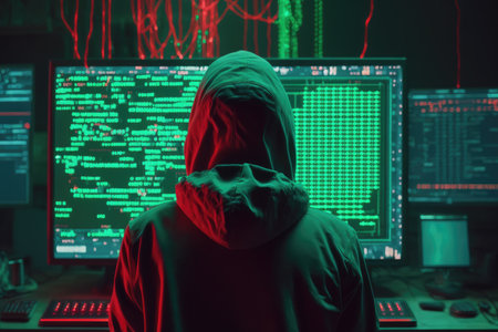 Back view of hacker in a hood with hidden face looks at the monitor screen with glowing code. Hacking and malware concept. Generative AIの素材