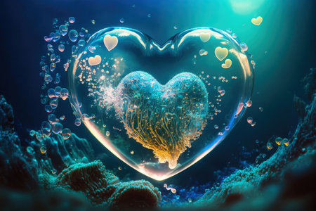 Heart shaped glowing air bubble underwater. Romantic concept wallpaper. Generative AIの素材