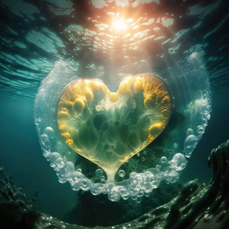 Heart shaped glowing air bubble underwater with jellyfish. Romantic concept wallpaper. Generative AIの素材