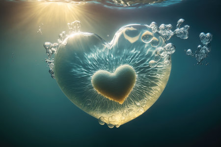 Heart shaped glowing air bubble underwater with jellyfish. Romantic concept wallpaper. Generative AIの素材