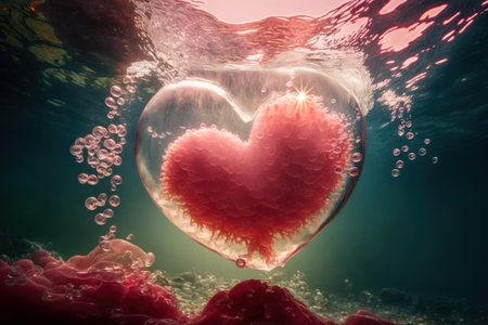 Heart shaped glowing air bubble with red jellyfish underwater. Romantic concept wallpaper. Generative AIの素材