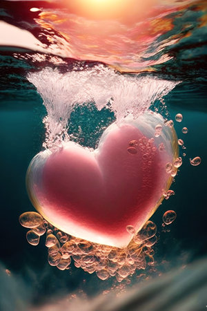 Heart shaped glowing air bubble with red jellyfish underwater. Romantic concept wallpaper. Generative AIの素材