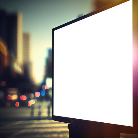 Blank billboard on night street. Outdoor advertising poster at night time with street light bokeh. Generative AIの素材