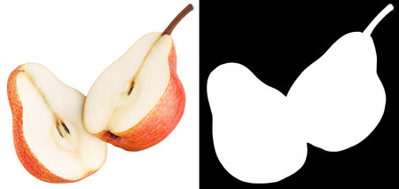 Halved red pear isolated on white background with alpha channel for quick isolation. Full depth of field.の写真素材