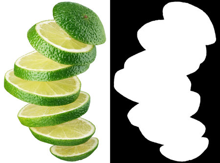 Sliced lime citrus fruit isolated on white background. Lime slices with clipping mask (alpha channel) for quick isolation. Full depth of field.の写真素材